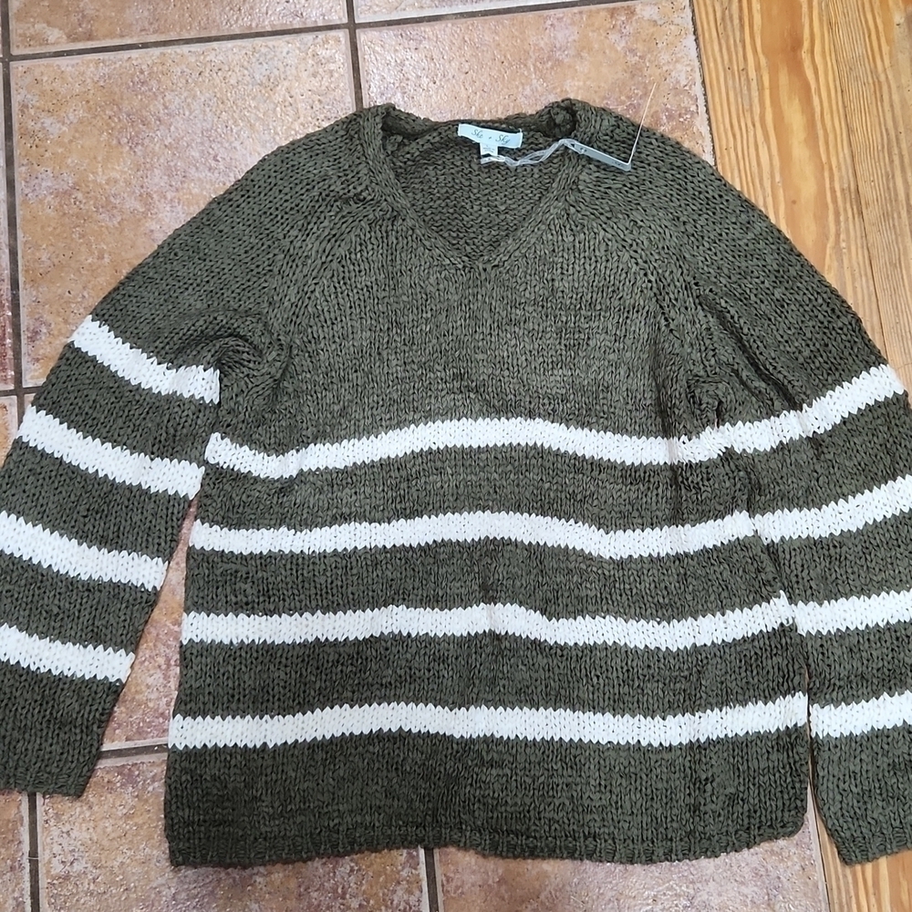 SHE +Sky oversized knit sweater women's size large olive with white stripes. NWT